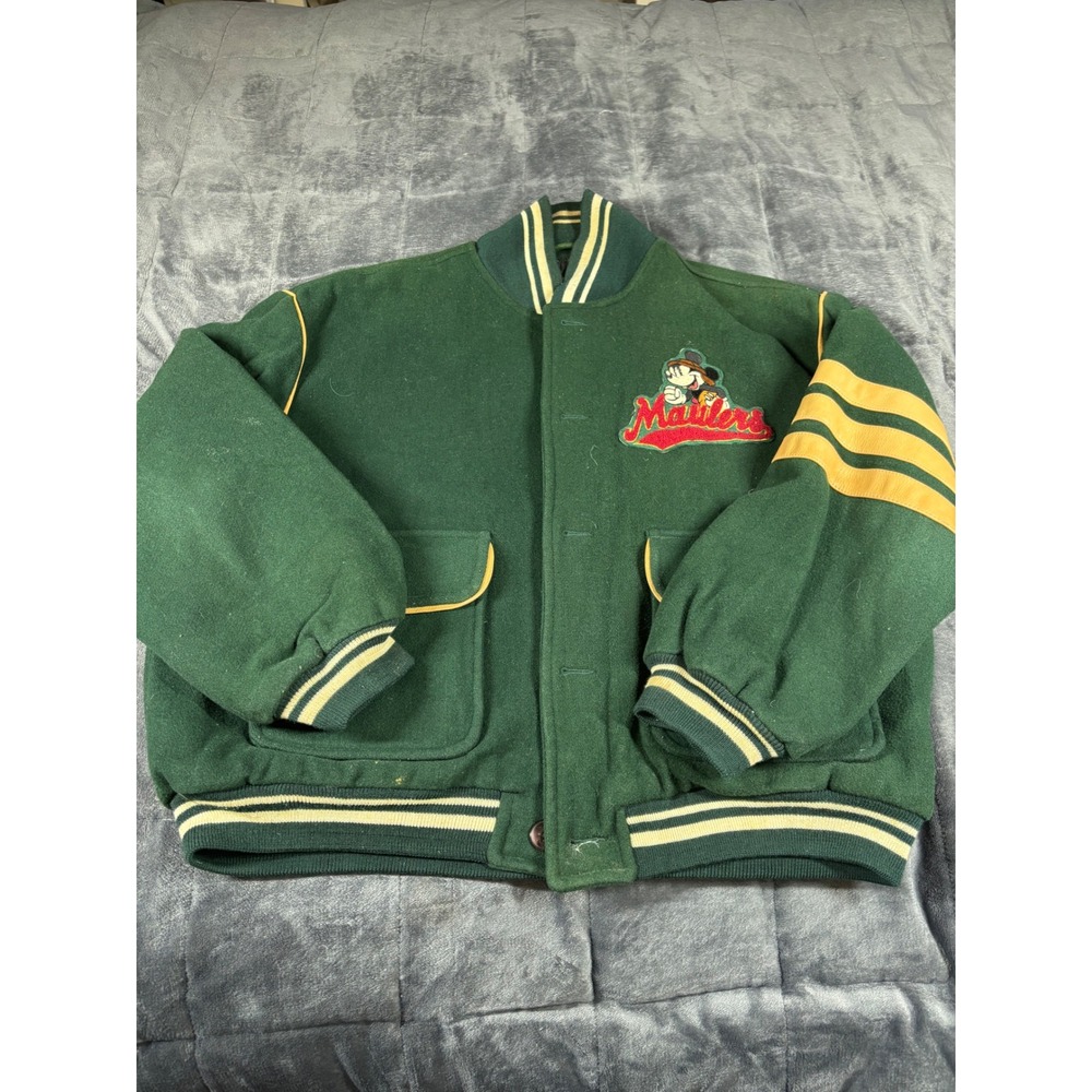 Disney Mickeys Pigskin Classic Varsity Jacket Mens L Green Wool Blend‎ Maulers